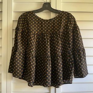 Madewell silk tiered heart printed blouse black and gold XS EUC